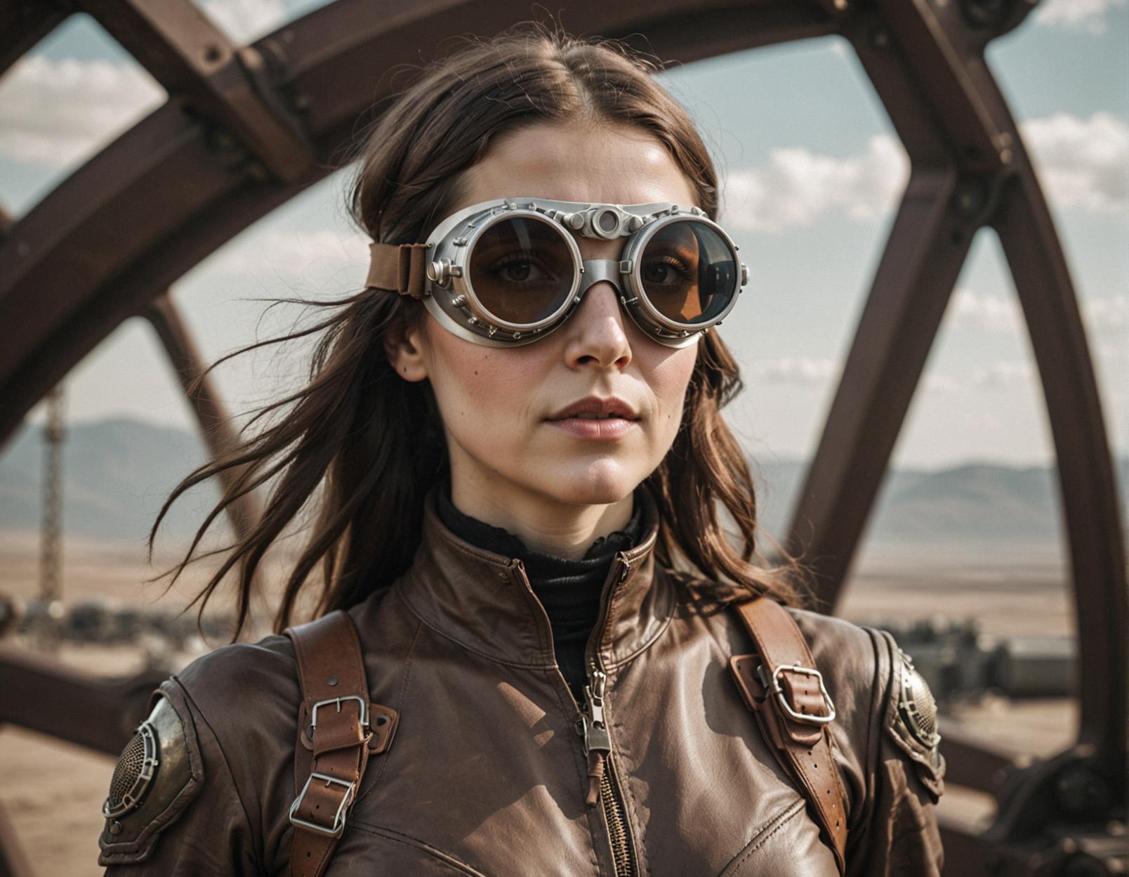 Photograph of a woman with brown goggles, wide view, in a teslapunk style photograph