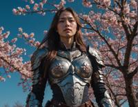 An image of a woman with long hair, wearing dirty terror armor and a chain, standing in a dark room under a cherry blossom tree, with a clear blue sky and the moon casting a warm glow on her face The background is filled with nostalgic lighting from Magwave and Cinematic