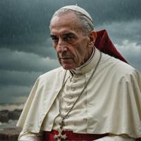 Photograph of a Energetic and elegant Pope Pius XII with his hair colored in dragon slayer, captured in a shallow depth of field under a Hurricane, inspired by the work of Wim Wenders and Vivid imagery from Moebius