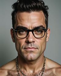Photograph of Robbie Williams with a dark and rolling eyes, wearing glasses chain, in an unsettling Neo Dada style, lighting to the maximum