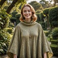 Portrait photography of a grinning slimy Katerina McNamara wearing a Poncho and posing for an image reminiscent of the elegance and sophistication of the Hollywood era The scene is set against a backdrop of a bustling garden filled with sophisticated people in classical realism lighting The overall aesthetic is one of exuberance and sophistication, capturing the essence of the elite at play