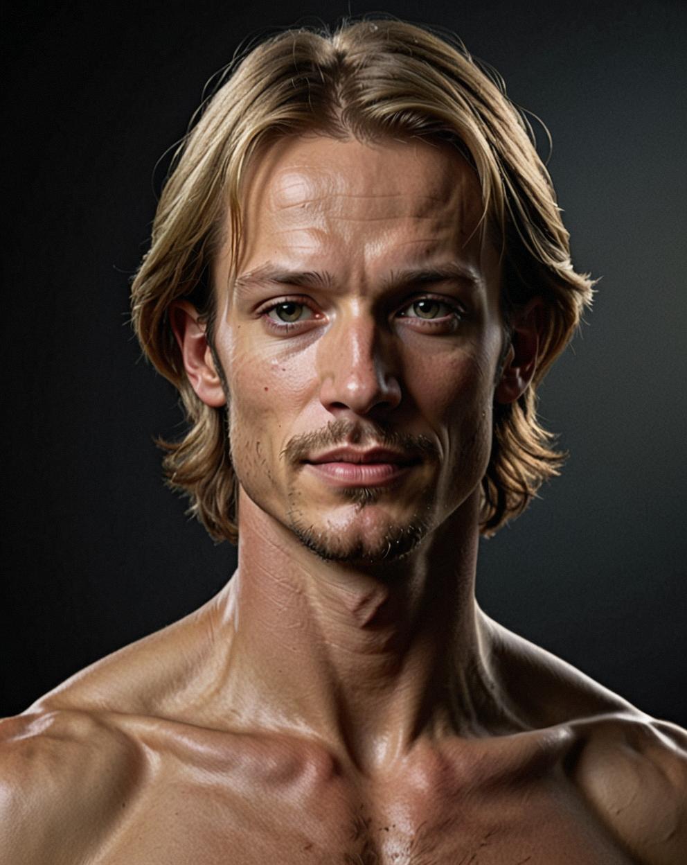 A professional image of a skinny male version of Cameron Richardson with detailed illustration and dark background, inspired by the concept art of The Adventures of Tomarrye, featuring an orton effect and a pale skin texture, captured in a s style with a focus on detail and atmosphere
