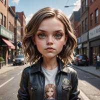 A photorealistic image of a city street with a portrait of Tove Lo in chibi style, with high details and stylized by Archillect and Olivia Locher