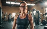 Photograph of a female character in a gym wearing round glasses and a lens flare, showcasing her feminine pose with photographing precision and sharp focus on her face