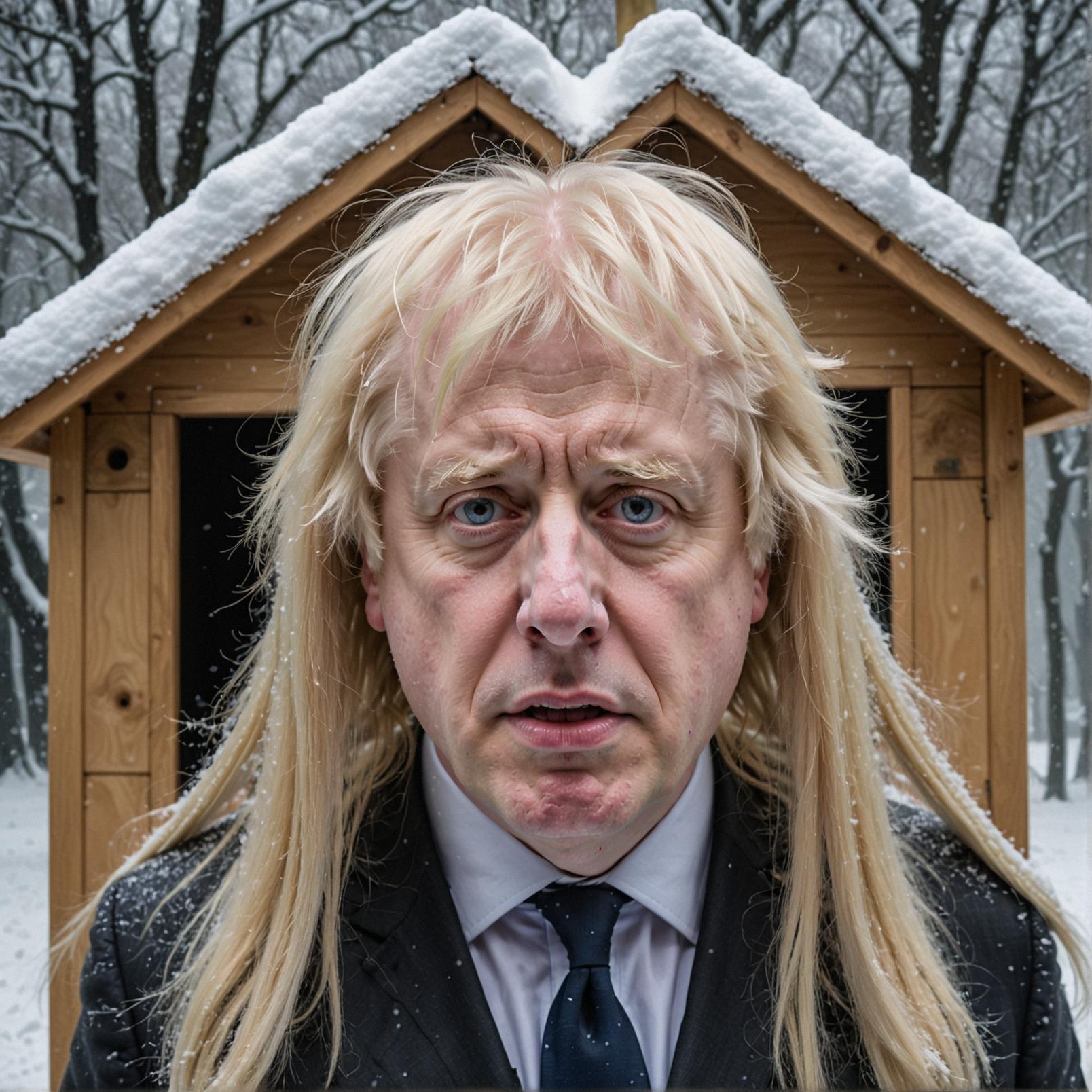 Photograph of a doghouse with Boris Johnson s face in the style of an unsettling surrealistic photo, featuring long hair styled as lopsided and a glistening black eyes, snow covered background, generative artwork