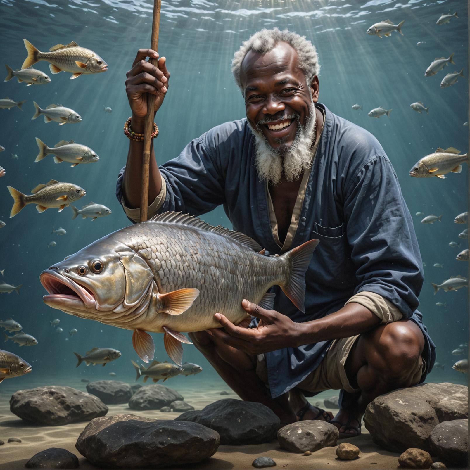 A photorealistic image of a Bantu fishing, with a focus on Galileo Galilei s iconic smile, rendered in a Neo Dada style reminiscent of the work of Japanese artist Tsuburaro Kyojin