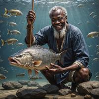 A photorealistic image of a Bantu fishing, with a focus on Galileo Galilei s iconic smile, rendered in a Neo Dada style reminiscent of the work of Japanese artist Tsuburaro Kyojin