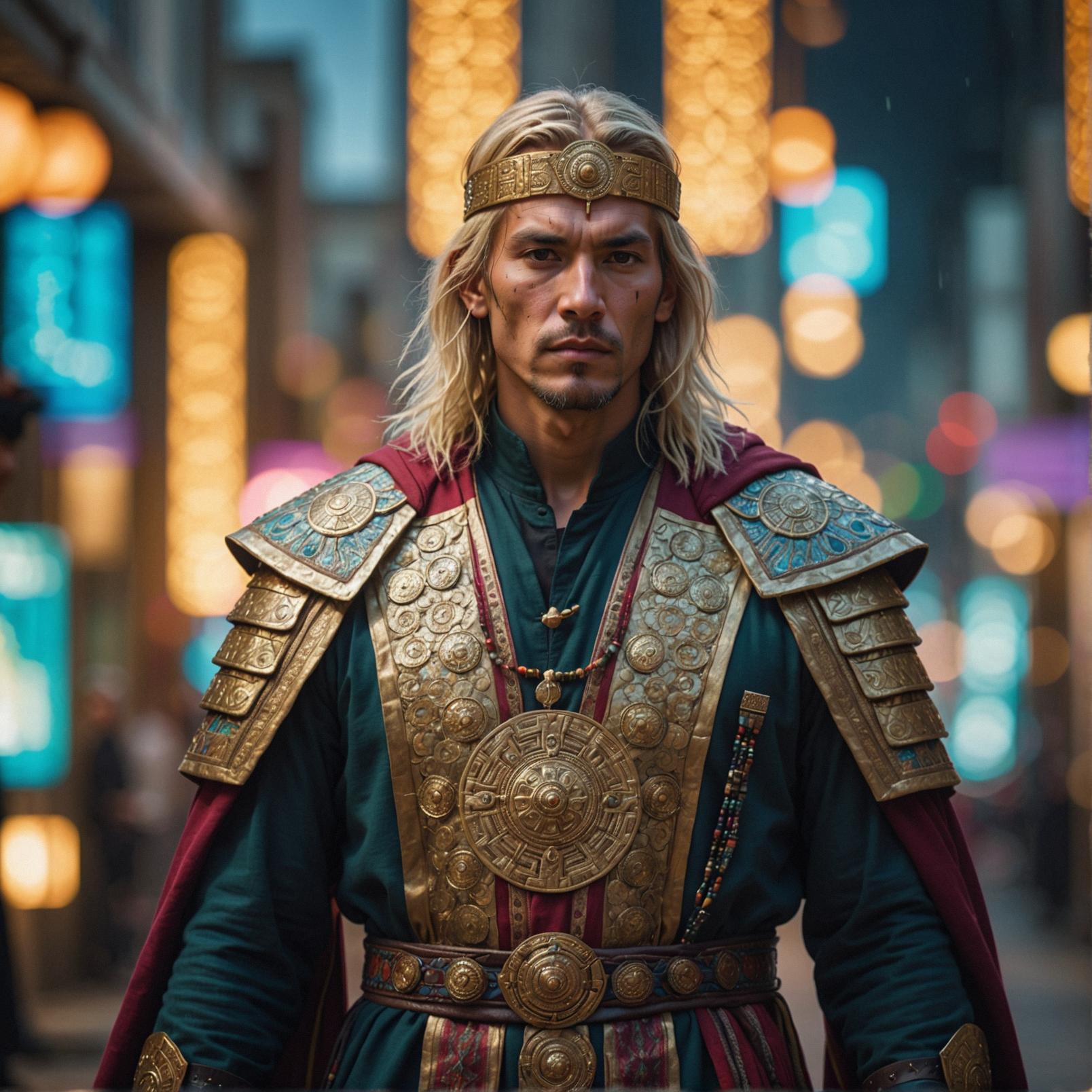 A cyberpunk image featuring a Inca Priest dressed in a warrior robe, with Blonde hair styled as shoulder length and bokeh, surrealistic, synthetism