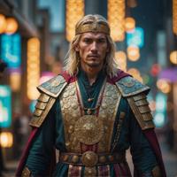 A cyberpunk image featuring a Inca Priest dressed in a warrior robe, with Blonde hair styled as shoulder length and bokeh, surrealistic, synthetism