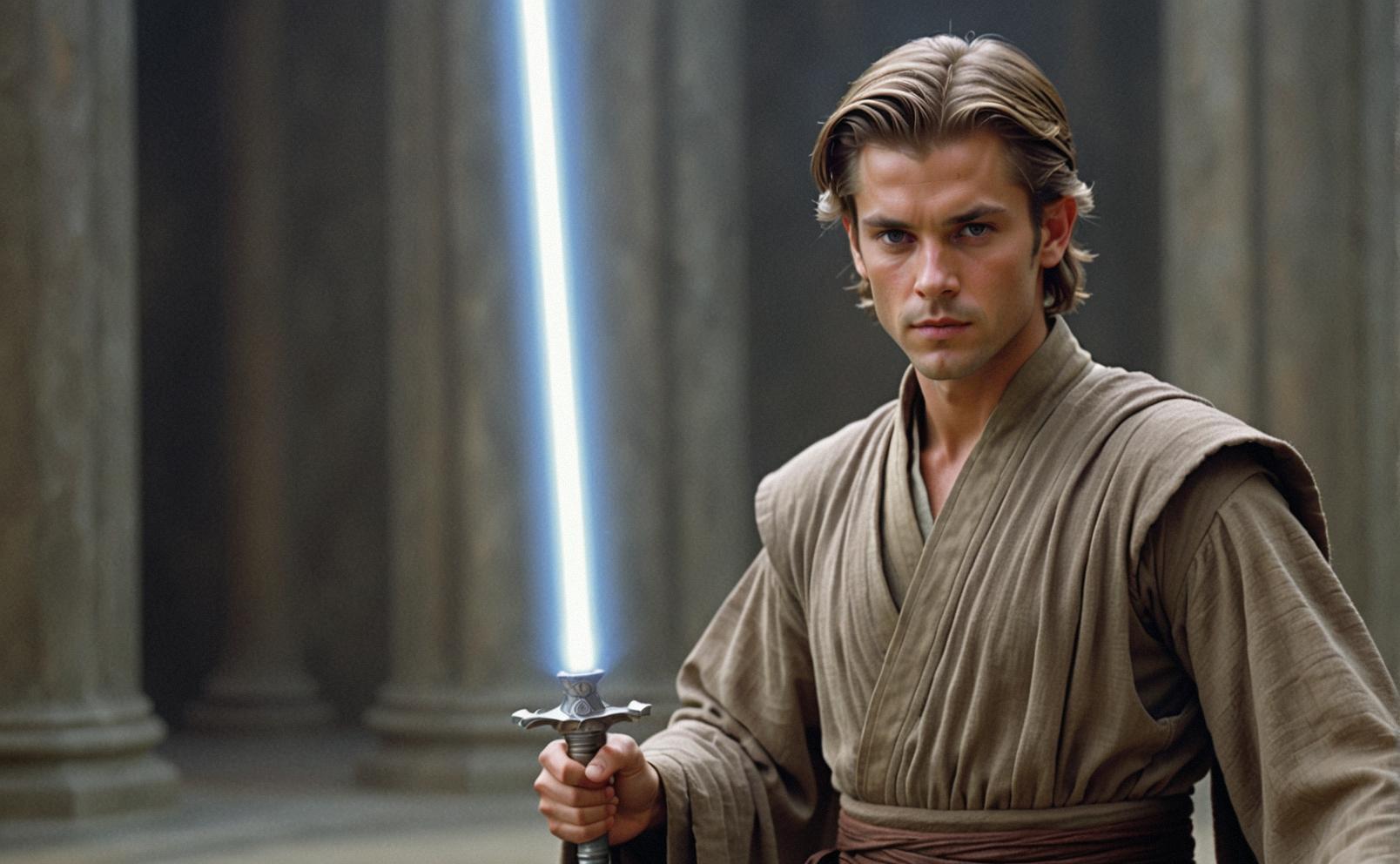 A photorealistic digital painting of a regal male Jedi in a performance style, with Slovak hair styled as a pixie and a grey streaks background, conveying a Delightful and mystical atmosphere, shot at a slow shutter speed of mm with a KODAK EKTAR lens