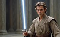 A photorealistic digital painting of a regal male Jedi in a performance style, with Slovak hair styled as a pixie and a grey streaks background, conveying a Delightful and mystical atmosphere, shot at a slow shutter speed of mm with a KODAK EKTAR lens