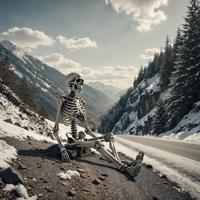 Photograph of a metalhead male skeleton snowed in on the side of a mountain road, wide shot, digital painting, desaturated