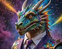 A detailed portrait of a male dragon with intricate details on his armor, including tie and confetti The background is made up of psychedelic dust particles, adding to the surreal and whimsical atmosphere The dragon s eyes are closed as he gazes intently at the camera, conveying a sense of mystery and intrigue