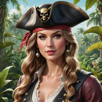 A photorealistic image of a pirate captain with a stylized face inspired by Taylor Swift and Shantel VanSanten, featuring a Botanical Garden theme