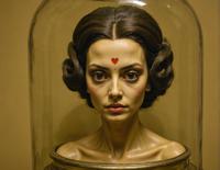 Photograph of a mysterious and elusive figure, the Cuban female lich She seems to be inside a glass canister, her hair is drab and she has a heart shaped eye shape, but her heart is shaped like a Heterotype The image captures the essence of this enigmatic creature with its regal expression and deep focus on the viewer s face