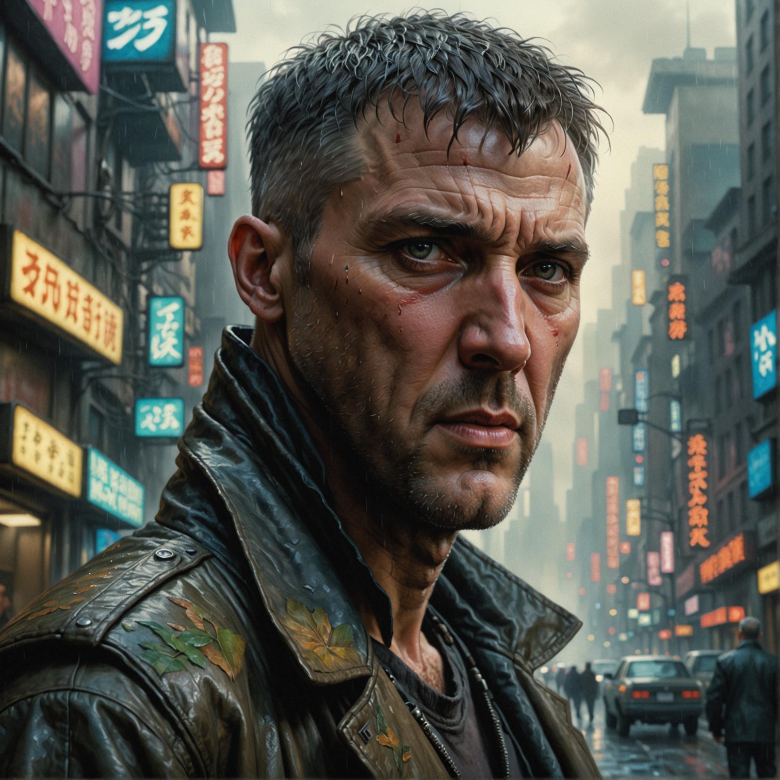 A photorealistic rendering of a famous character from Blade Runner, with a focus on nature inspired motifs and a signature brushstrokes aesthetic