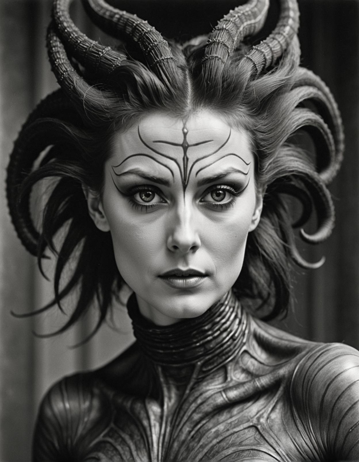 Photograph of a hairy female time lord with leaning back, wearing a vibrant astoundingly vivid eyeliner, designed by Edward Weston, with a soft focus on the image to create an aesthetically pleasing composition