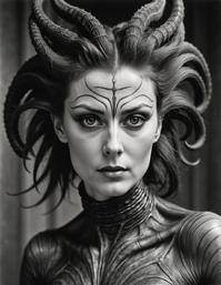 Photograph of a hairy female time lord with leaning back, wearing a vibrant astoundingly vivid eyeliner, designed by Edward Weston, with a soft focus on the image to create an aesthetically pleasing composition