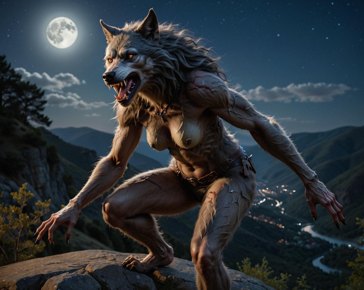 Photograph of a female werewolf with a severed limb and dynamic pose, set against a beautiful hillside at night The image features detailed illustrations of her hair and the view from below