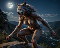 Photograph of a female werewolf with a severed limb and dynamic pose, set against a beautiful hillside at night The image features detailed illustrations of her hair and the view from below