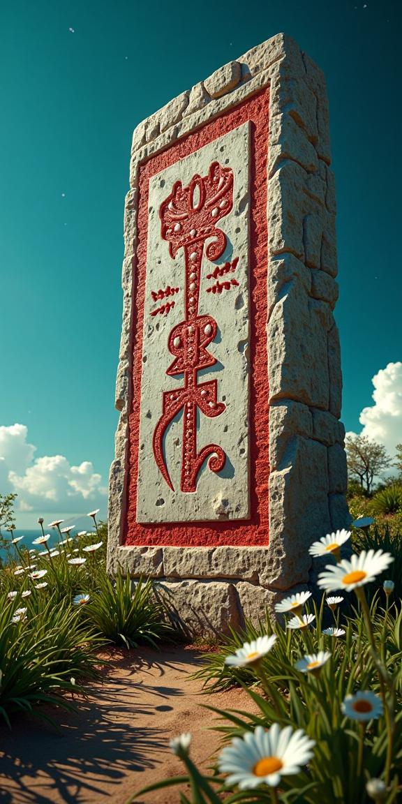 stylized by Alberto Seveso and Mike Campau and Ray Collins and Ettore Sottsass , photograph, stylized, hip level shot of a Comforting Giant Mayan Runestone