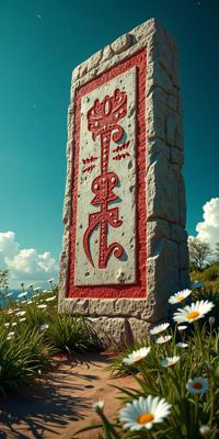 stylized by Alberto Seveso and Mike Campau and Ray Collins and Ettore Sottsass , photograph, stylized, hip level shot of a Comforting Giant Mayan Runestone