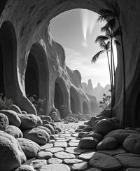 art by Max Dupain and Sherry Akrami and Eug ne Atget , photograph, intricate background, landscape of a Alien Bio Dome and Melting Islamic Bamboo forest
