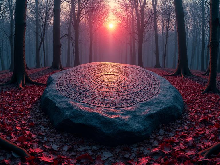 photograph, fairy tale, high angle shot of a European Runestone , it is very Geometric Abstract Art and Wanderlust