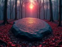 photograph, fairy tale, high angle shot of a European Runestone , it is very Geometric Abstract Art and Wanderlust