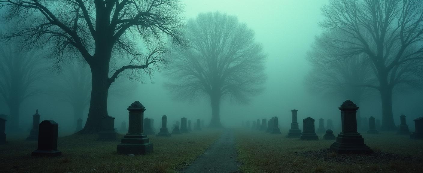 photograph, Intense, landscape of a Contemporary S Hydrothermal Vent from inside of a Forgotten graveyard, desolate Eerie fog covered cemetery with Black oak