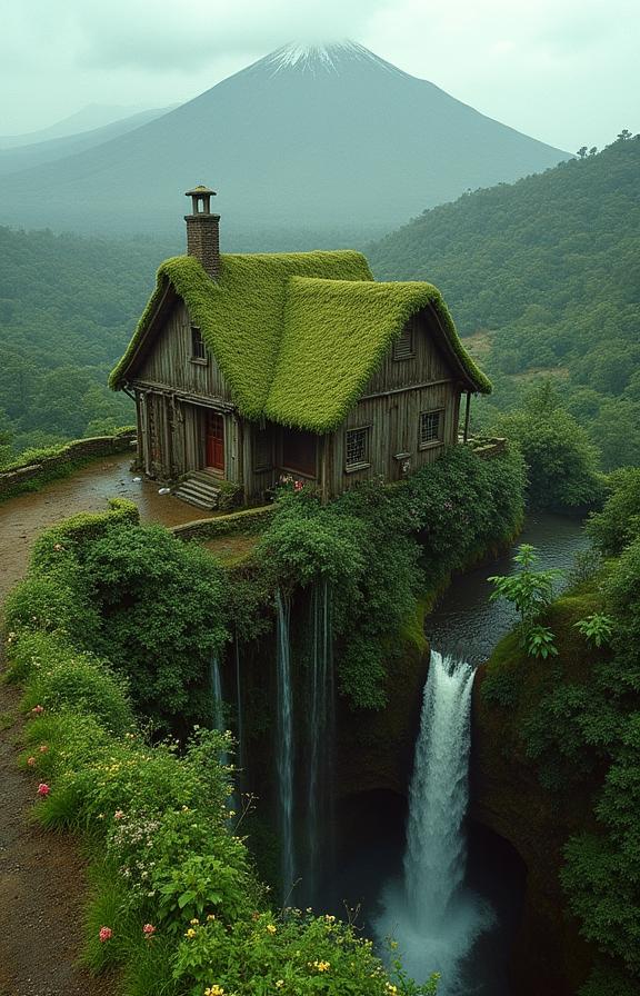 photograph, fairy tale, top down view of a Serious Edgy Antipatriarch Farmhouse , it is covered in Moss