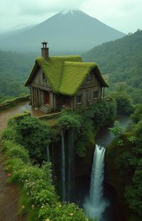 photograph, fairy tale, top down view of a Serious Edgy Antipatriarch Farmhouse , it is covered in Moss