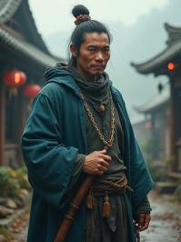 photograph, majestic, long shot of a stout Palauan Qiang Town crier, Qiang is very Atmospheric and Wretched