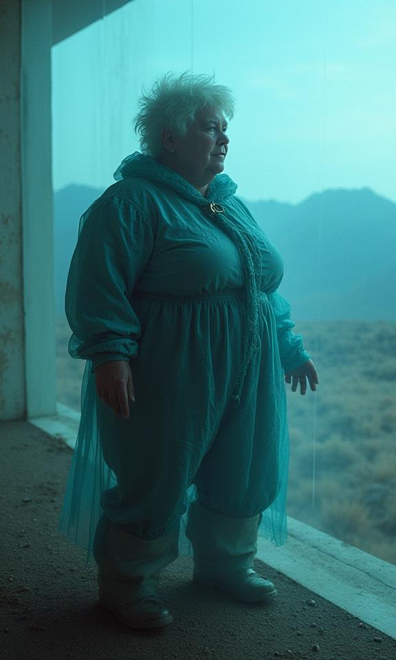 art by Deirdre Sullivan Beeman , photograph, insane details, ground level shot of a Translucent Deserted overweight Victorian Firefighter Grandma