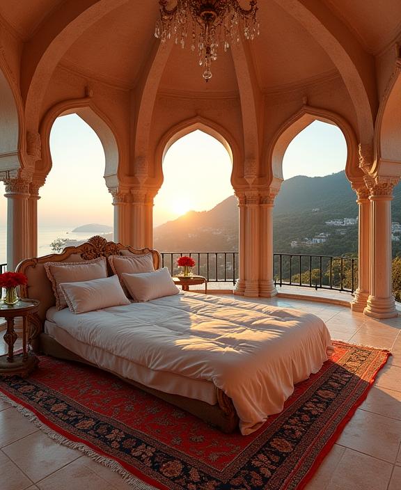 photograph, elegant, wide angle of a Corsican Bed and breakfast , the Bed and breakfast is very K pop and Wanderlust