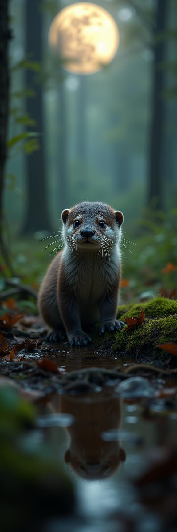photograph, summer forest with Chestnut, best quality, birds eye view shot of a Graceful Weird baby Otter