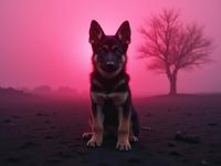 photograph, Eerie, full body shot of a Wonderful Seductive German Shepherd Puppy , plain electric color and deep pink background