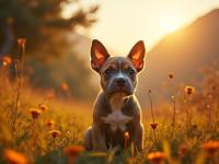 photograph, highly decorated, medium shot of a Warmcore Squealing Mustard Yellow and Slate Gray Staffordshire Bull Terrier Puppy , Golden ratio