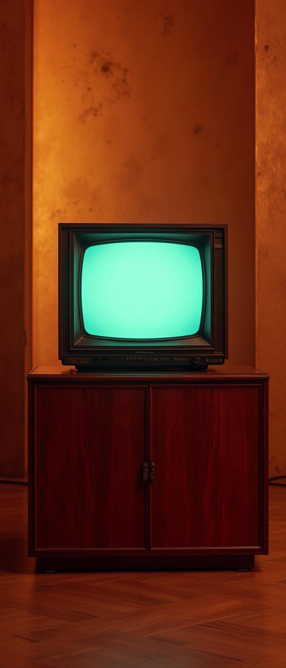 designed by Gerda Taro and Doug Aitken and Ingrid Baars , photograph, elegant, ground level shot of a Boring Skirted Russian Television