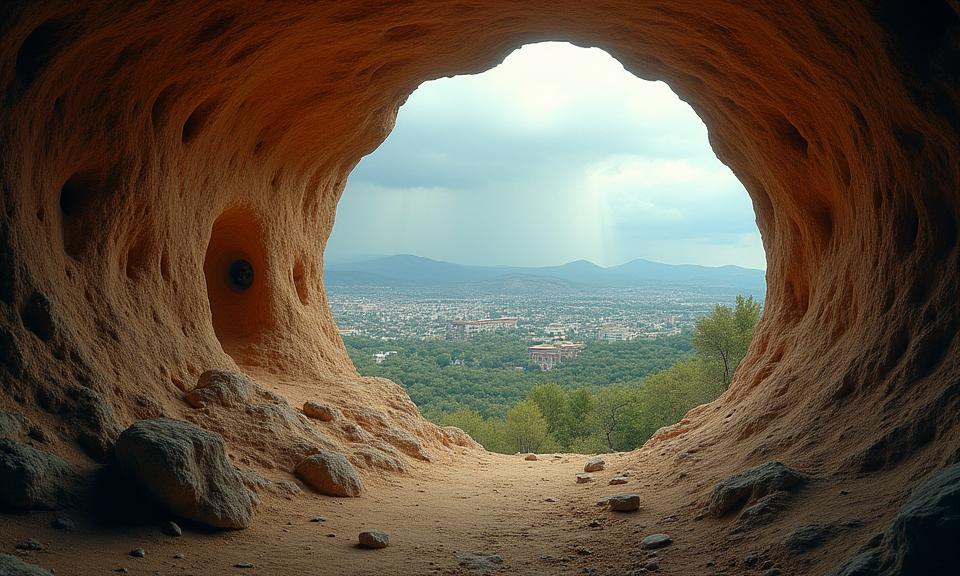 photograph, surreal, landscape of a Annoyed lowborn The Mesa Verde from inside of a Portal, crowded cityscape and Dwarf planet in background