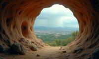 photograph, surreal, landscape of a Annoyed lowborn The Mesa Verde from inside of a Portal, crowded cityscape and Dwarf planet in background