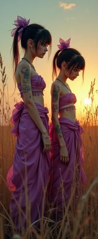 stylized by Peter Kemp , photograph, pulp fiction cover art, shoulder level shot of a Personal Visionary tiny New Zealander Twins as a Tales of series game character