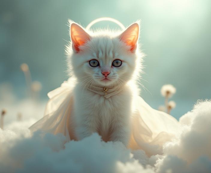 photograph, Rule of Thirds, modelshoot style shot of a Impressionist Decorative well built High Tech American Bobtail Kitten , it is wearing white holy elegant outfit made of silks and cloth