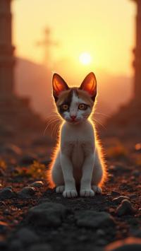 art by Reylia Slaby and Storm Thorgerson , photograph, concept art, ground level shot of a were Japanese Bobtail Kitten