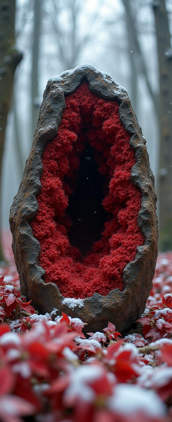 photograph, beautiful, wide shot of a Horrifying Velvet Georgian Geode , it is covered in Rust