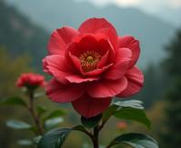 photograph, full body shot of a Ruby Red, Beige and Olive Syrian Camellia , it is very Winged and Decorative