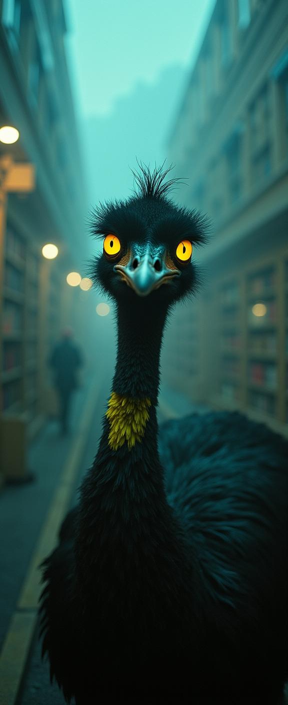 by Signe Vilstrup and Kenro Izu and Maia Flore , photograph, stylized, POV shot of a Emu with fluorescent yellow details