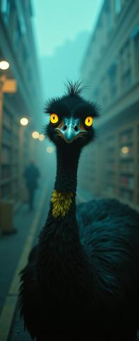 by Signe Vilstrup and Kenro Izu and Maia Flore , photograph, stylized, POV shot of a Emu with fluorescent yellow details