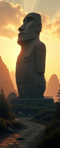 designed by Antanas Sutkus and Michael Kenna , photograph, intricate details, landscape of a Witty Fur Trimmed The Moai of Easter Island from inside of a Mountain range at sunrise