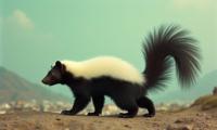 art by Mona Hatoum and Nobuyoshi Araki and Sandy Skoglund , photograph, masterpiece, side profile of a White and Charcoal Gray Skunk